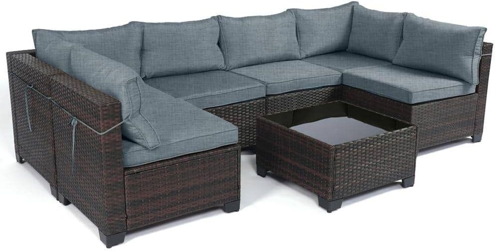 LeveLeve 7-Pieces Outdoor Patio Furniture Sets, Weaving Wicker Patio Sofa, Rattan Conversation Sectional Set with Tea Table Gray