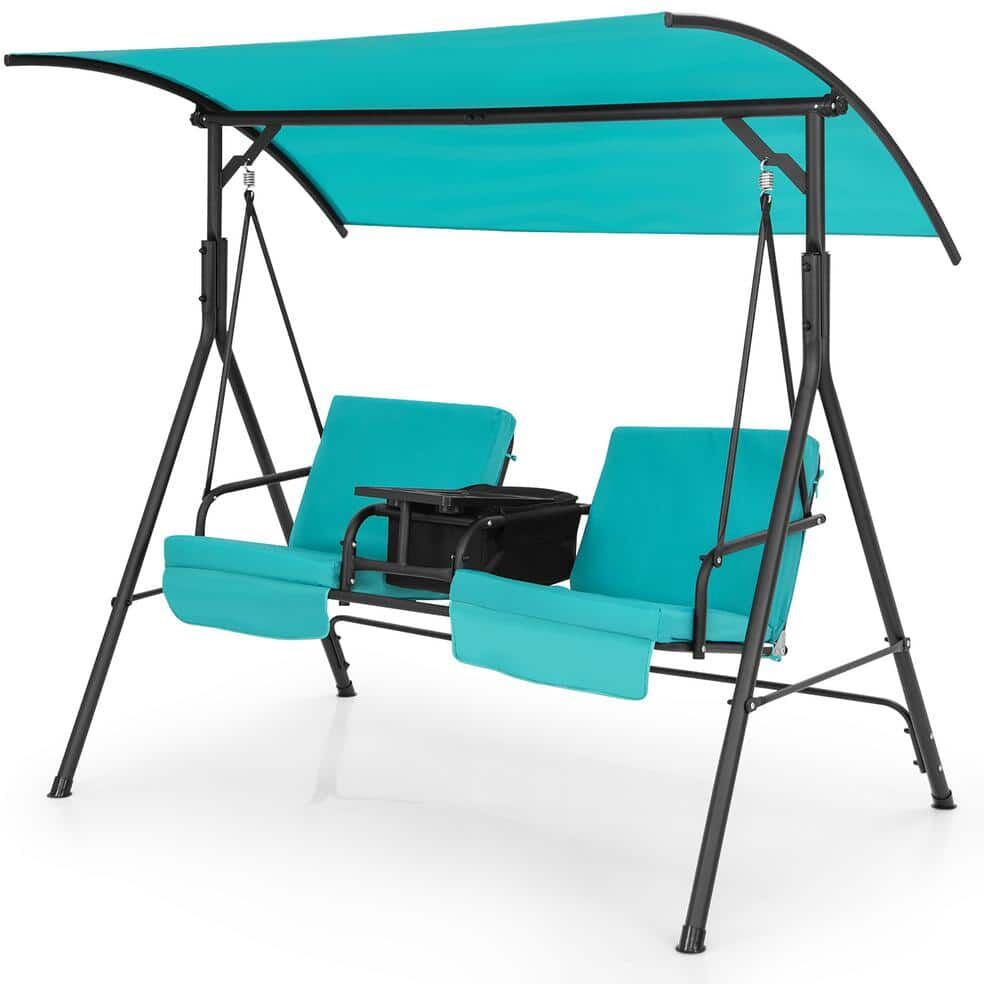 Costway 2-Person Canopy Metal Porch Swing Padded Chair Cooler Bag Rotatable Tray Turquoise