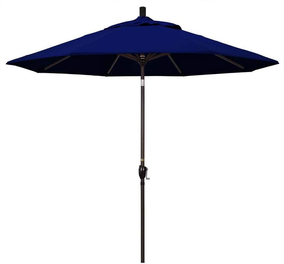 California Umbrella 9 ft. Bronze Aluminum Market Push Button Tilt Crank Lift Patio Umbrella in True Blue Sunbrella