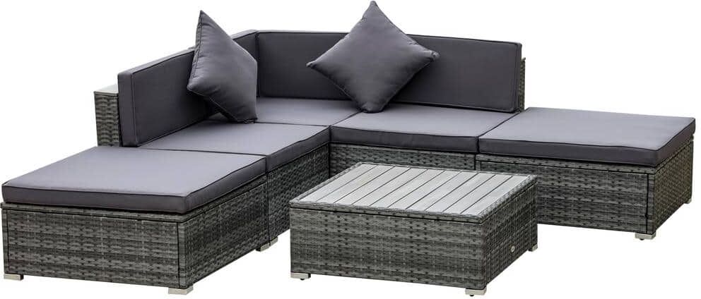 Outsunny 6-Piece Patio Furniture Sets PE Rattan Wicker Outdoor Sectional Sofa Set Conversation Sets with Grey Cushion