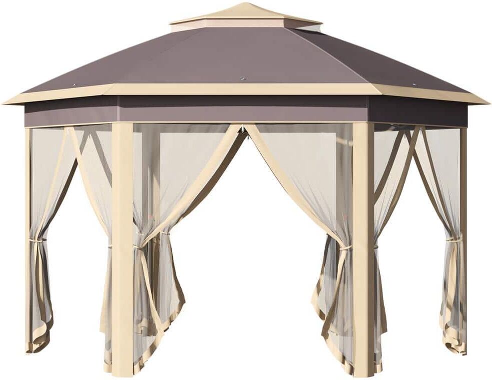 Outsunny 13 ft. x 11 ft. Pop Up Beige Gazebo, Double Roof Canopy Tent with Zippered Mesh Sidewalls