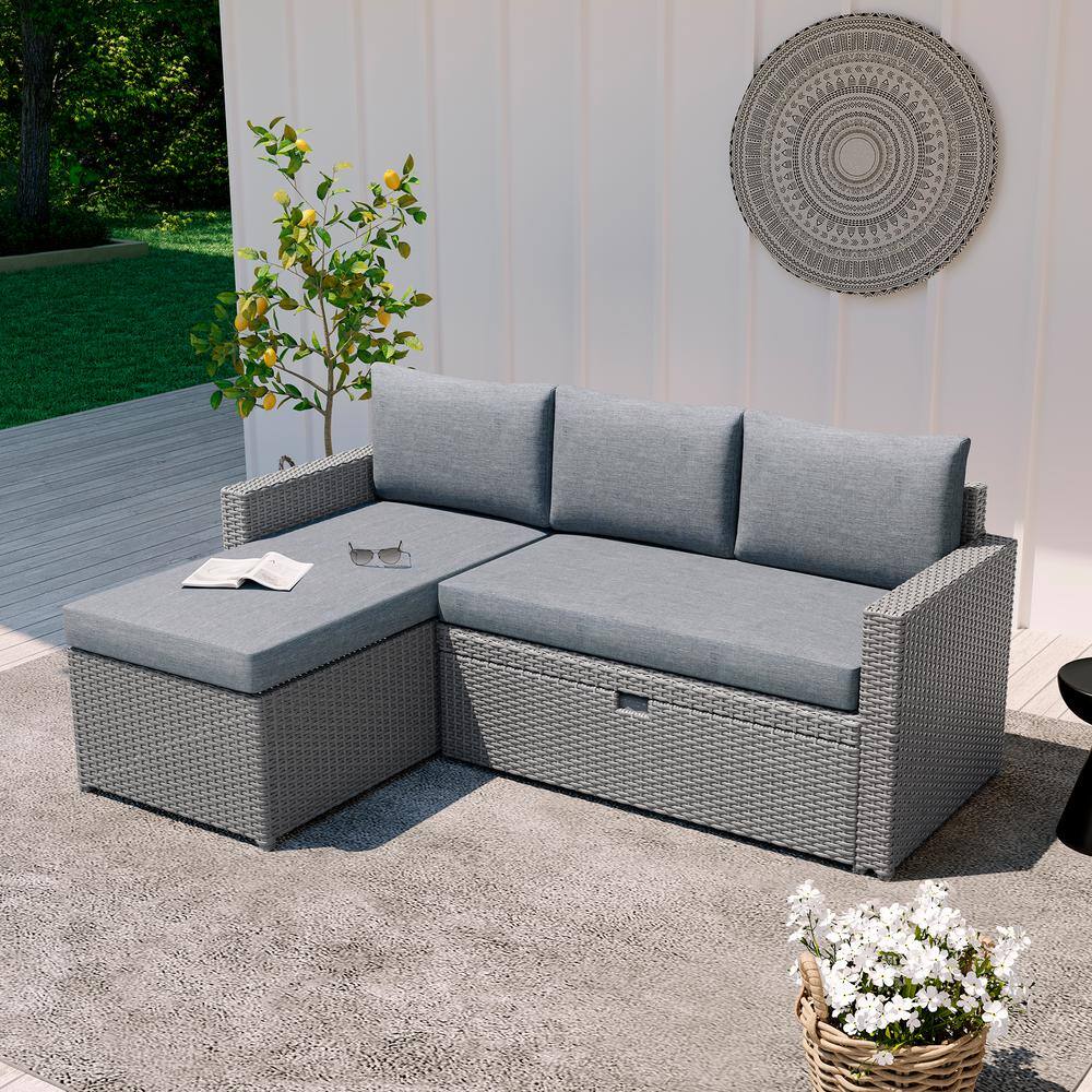 OVE Decors Sanya 3-Piece Wicker in Gray Patio Conversation Set with Gray Cushions