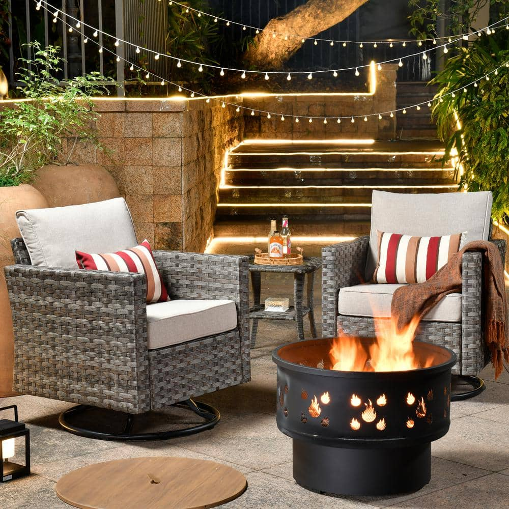 weaxty W Hanes Gray 4-Piece Wicker Patio Fire Pit Swivel Seating Set with CushionGuard Beige Cushions