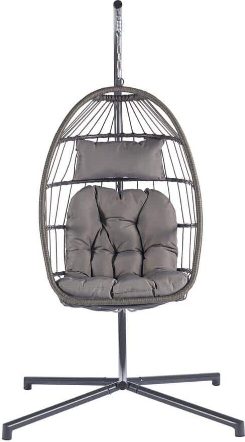 Runesay Outdoor 40.8 in. Garden Rattan Wicker Egg Patio Swing Chair Hanging Chair in Light Gray Cushion