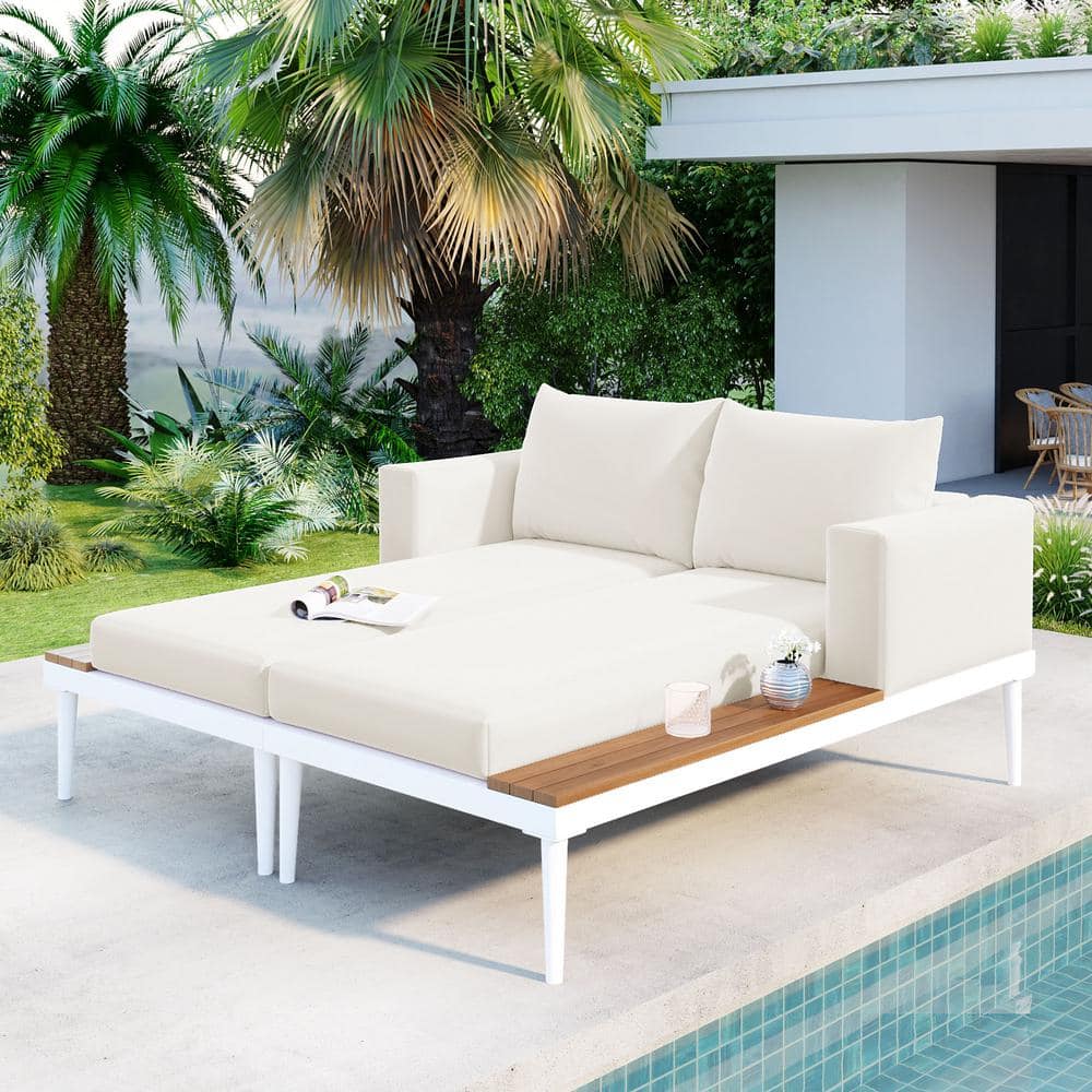 Polibi White Frame Metal Outdoor Day Bed with Beige Cushions, Wood Topped Side Spaces, Padded Chaise Lounges