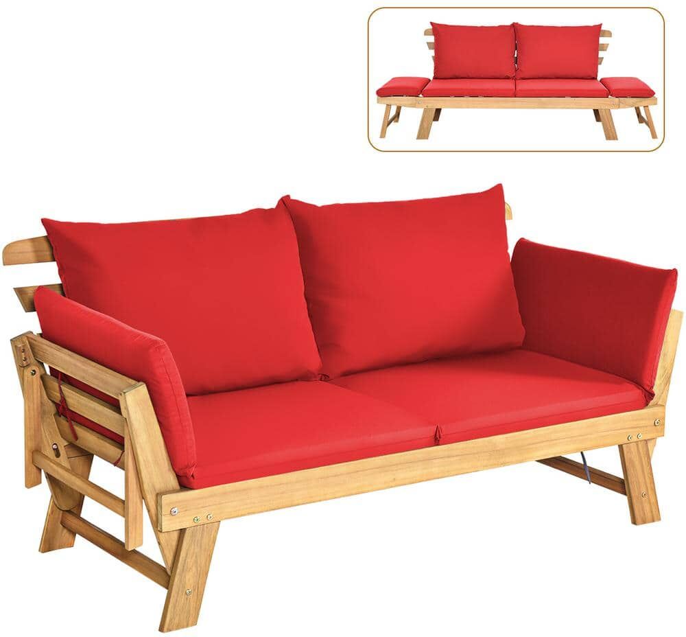 HONEY JOY Wood Folding Outdoor Day Bed Patio Acacia Wood Convertible Couch Sofa Bed with Red Cushions