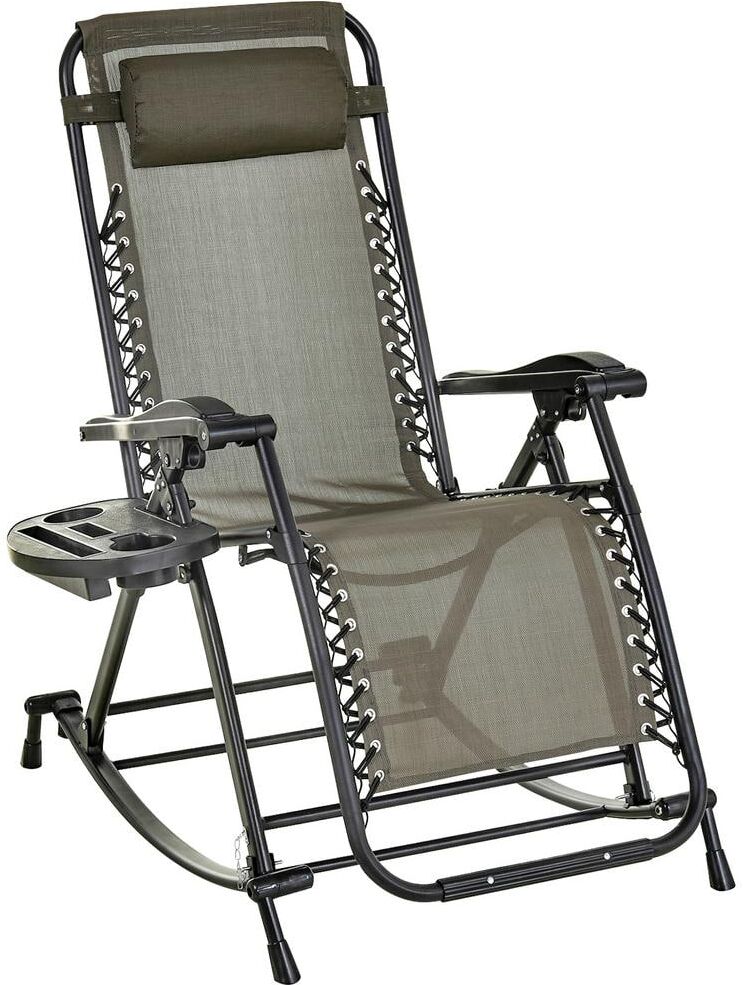 Cesicia Gray Metal Anti Gravity Foldable Outdoor Rocking Chair with Pillow, Cup and Phone Holder