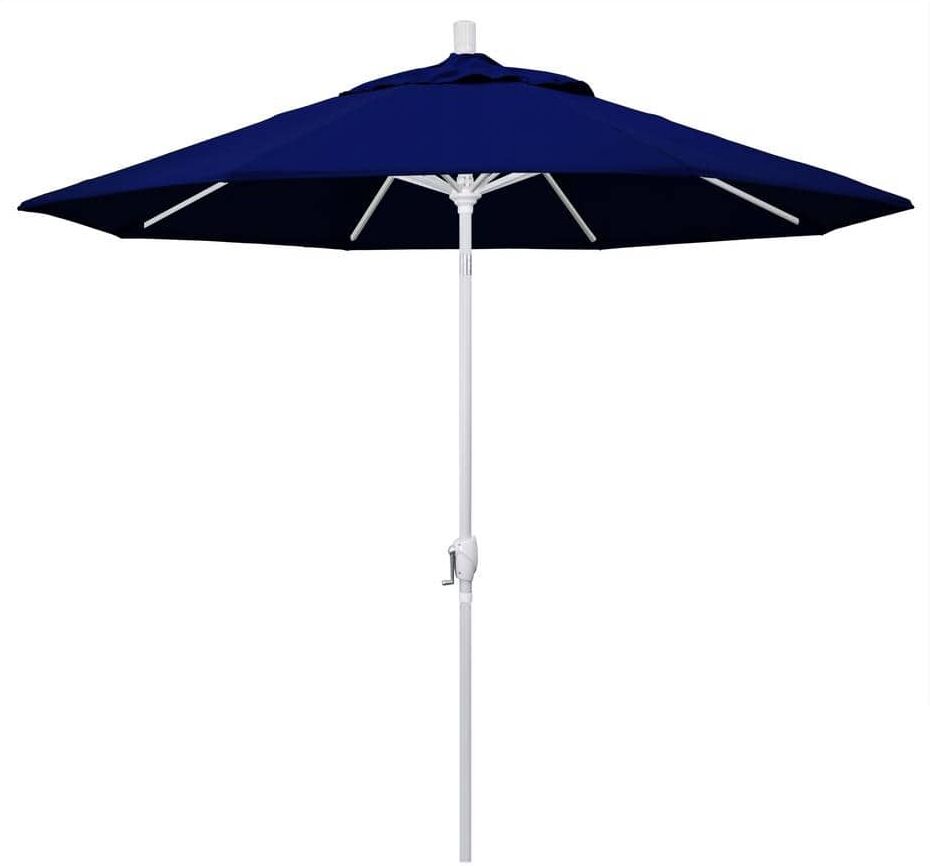 California Umbrella 9 ft. Matted White Aluminum Push Button Tilt Crank Lift Market Patio Umbrella in True Blue Sunbrella