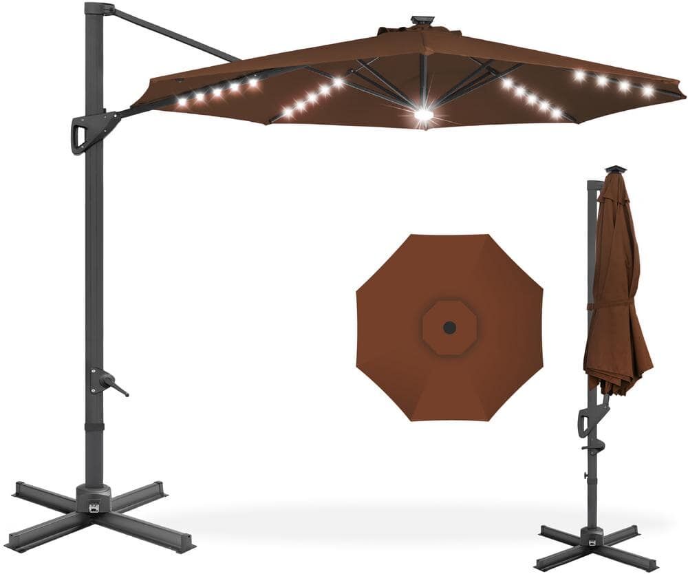 Best Choice Products 10 ft. 360-Degree Solar LED Cantilever Patio Umbrella, Outdoor Hanging Shade with Lights - Brown