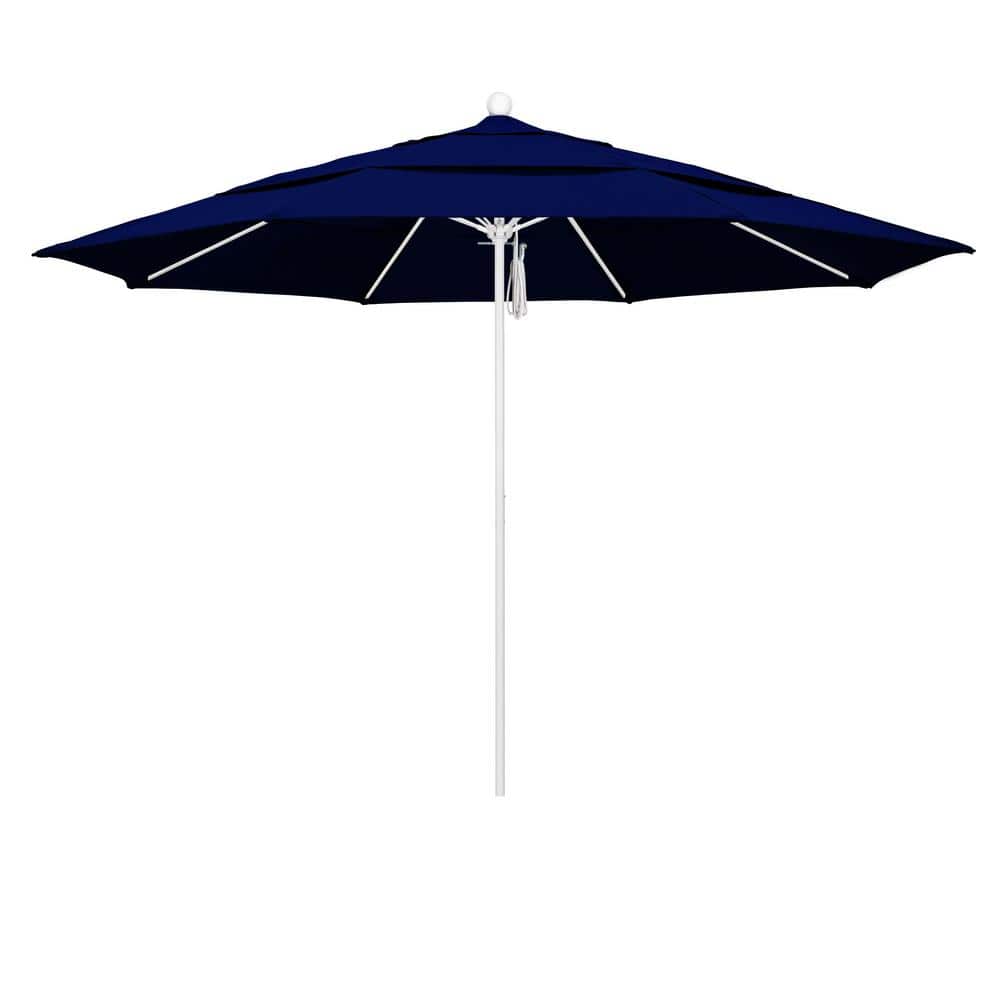 California Umbrella 11 ft. White Aluminum Commercial Market Patio Umbrella with Fiberglass Ribs and Pulley Lift in True Blue Sunbrella