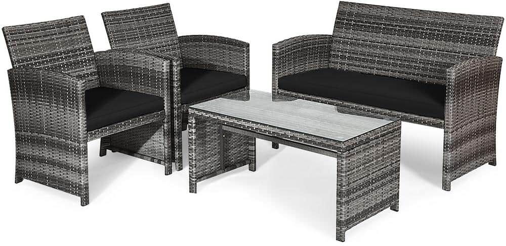 Costway 4-Piece Plastic Wicker Patio Conversation Set with Black Cushions