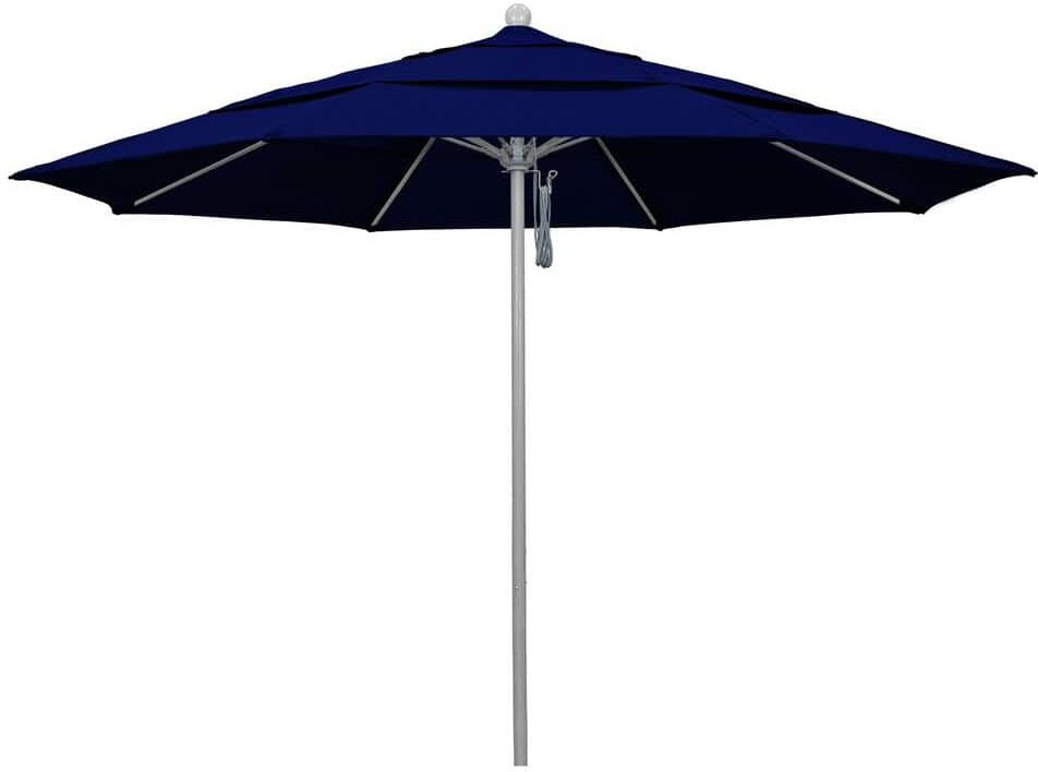 California Umbrella 11 ft. Gray Woodgrain Aluminum Commercial Market Patio Umbrella Fiberglass Ribs and Pulley Lift in True Blue Sunbrella