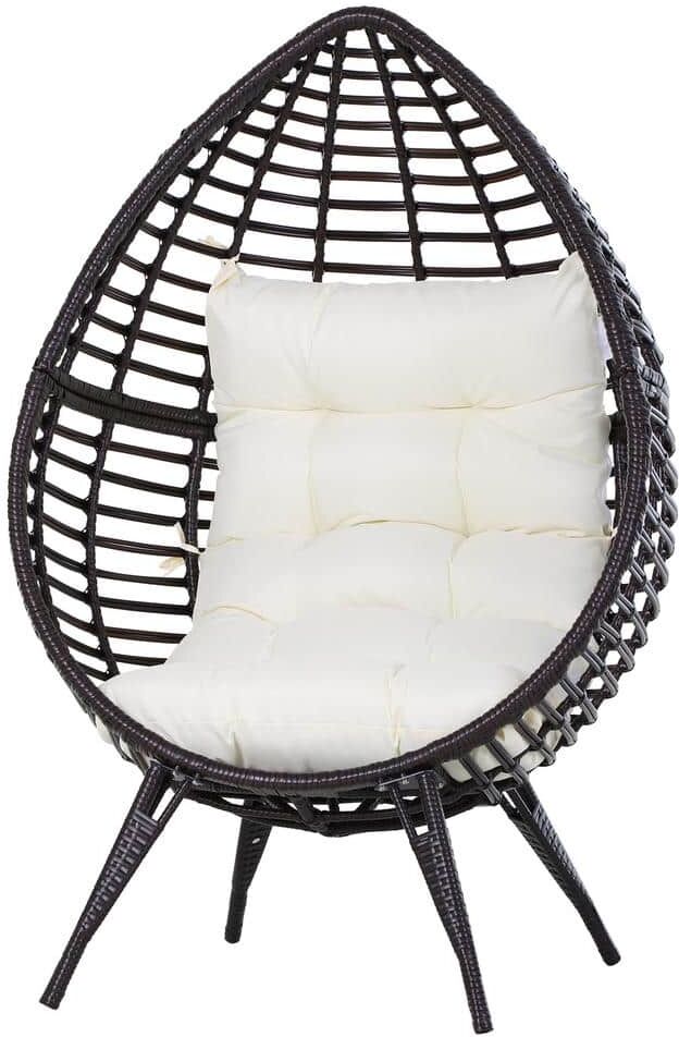 Outsunny Brown Teardrop Shaped Plastic Rattan Wicker Outdoor Lounge Chair with White Cushion & Elegant Design