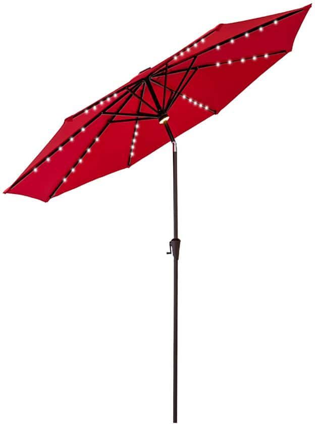 FLAME&SHADE 9 ft. Aluminum Market Solar Lighted Tilt Patio Umbrella with LED in Red Solution Dyed Polyester