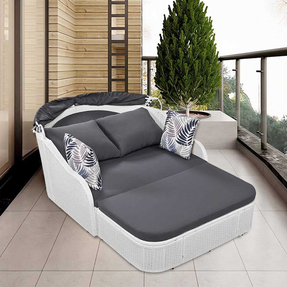Cesicia 79.9 in. L White Wicker Rattan Outdoor Day Bed with Adjustable Canopy and Gray Cushions