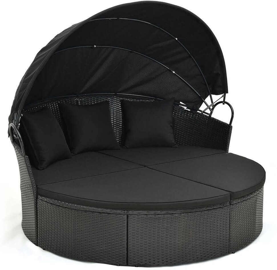 Costway Wicker Patio Round Daybed Outdoor Day Bed with Retractable Canopy Rattan Sectional Seating Black Cushions