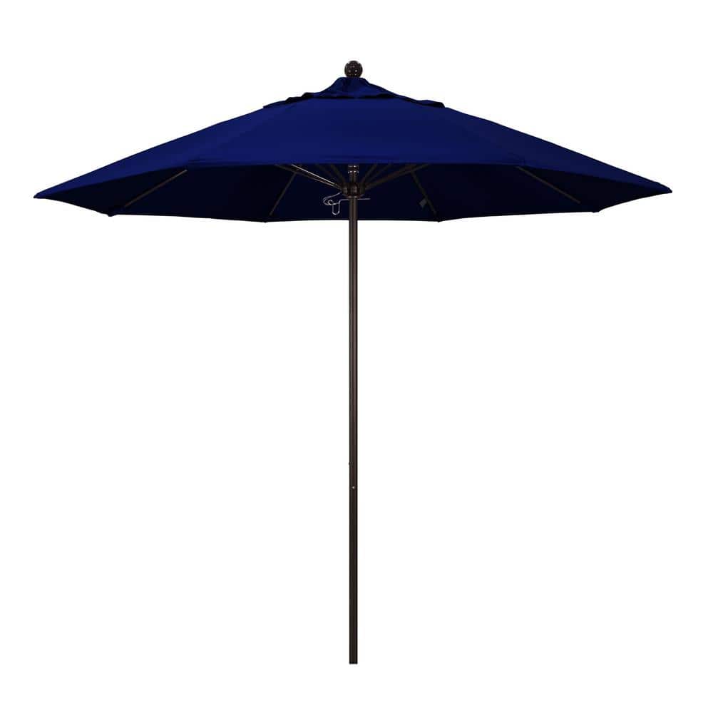 California Umbrella 9 ft. Bronze Aluminum Commercial Market Patio Umbrella with Fiberglass Ribs and Push Lift in True Blue Sunbrella