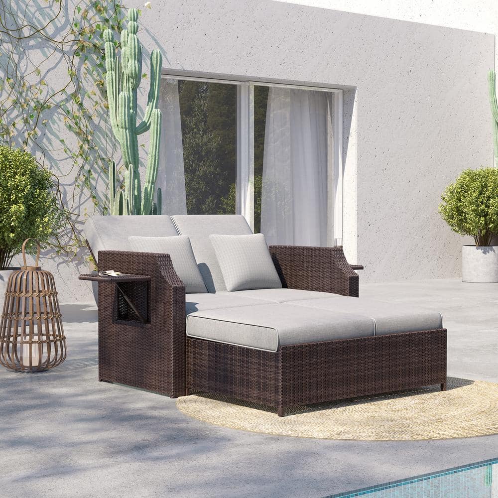 OVE Decors Sunnybrook Brown Wicker Reclining Outdoor Daybed with Brown Cushions