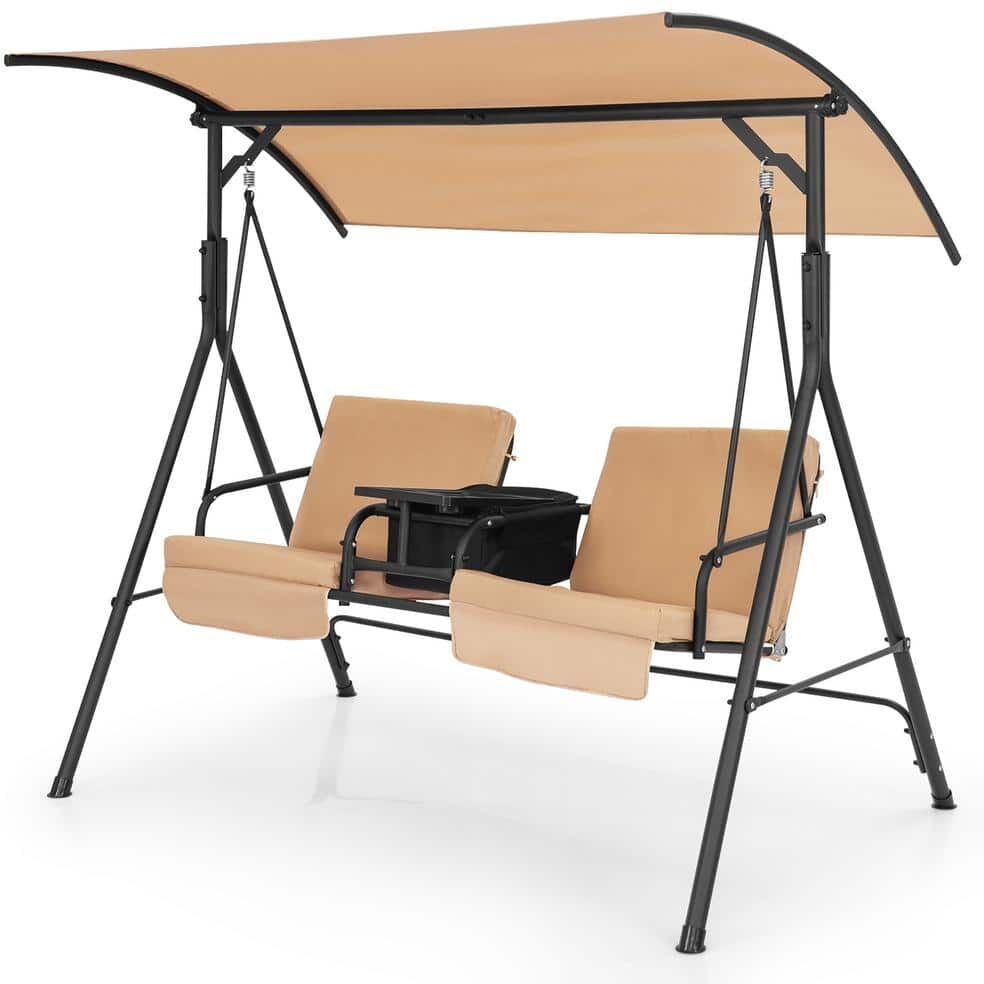 Costway 2-Person Canopy Metal Porch Swing Padded Chair Cooler Bag Rotatable Tray Beige