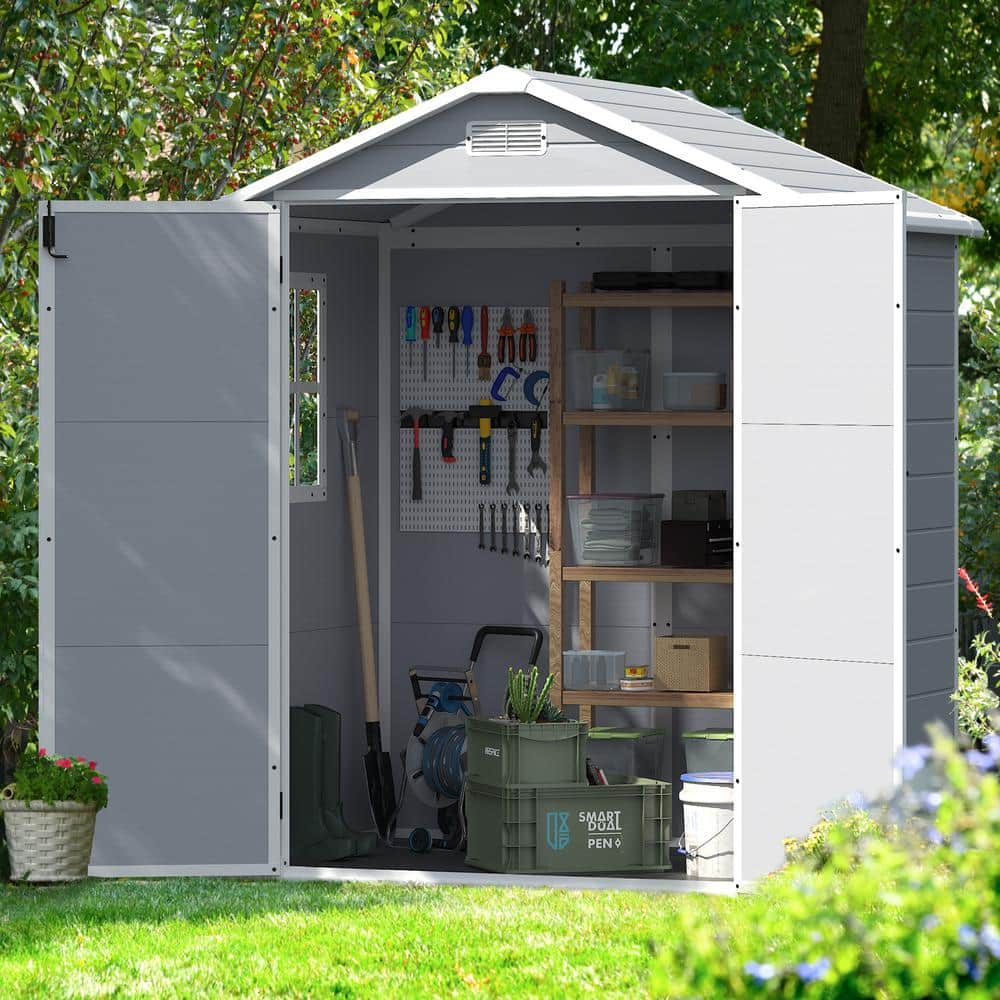 Tozey 6 ft. W x 4 ft. D Matte Gray Patio Resin Shed Extruded Plastic Outdoor Storage Shed with Window and Floor 22.5 sq. ft.