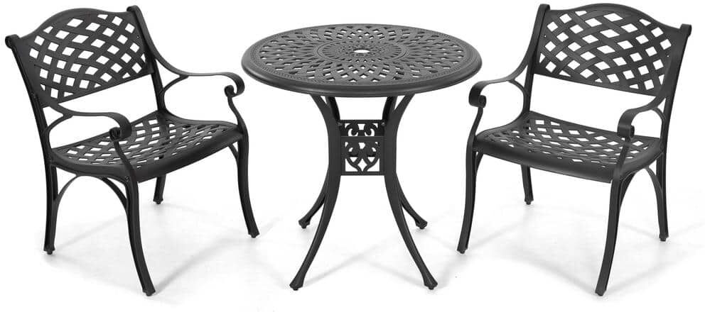 Nuu Garden 3-Piece Cast Aluminum Outdoor Bistro Set Patio Table Set with Umbrella Hole in Black