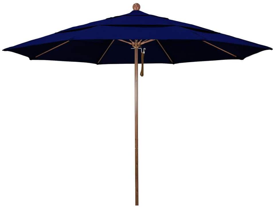 California Umbrella 11 ft. Woodgrain Aluminum Commercial Market Patio Umbrella Fiberglass Ribs and Pulley Lift in True Blue Sunbrella