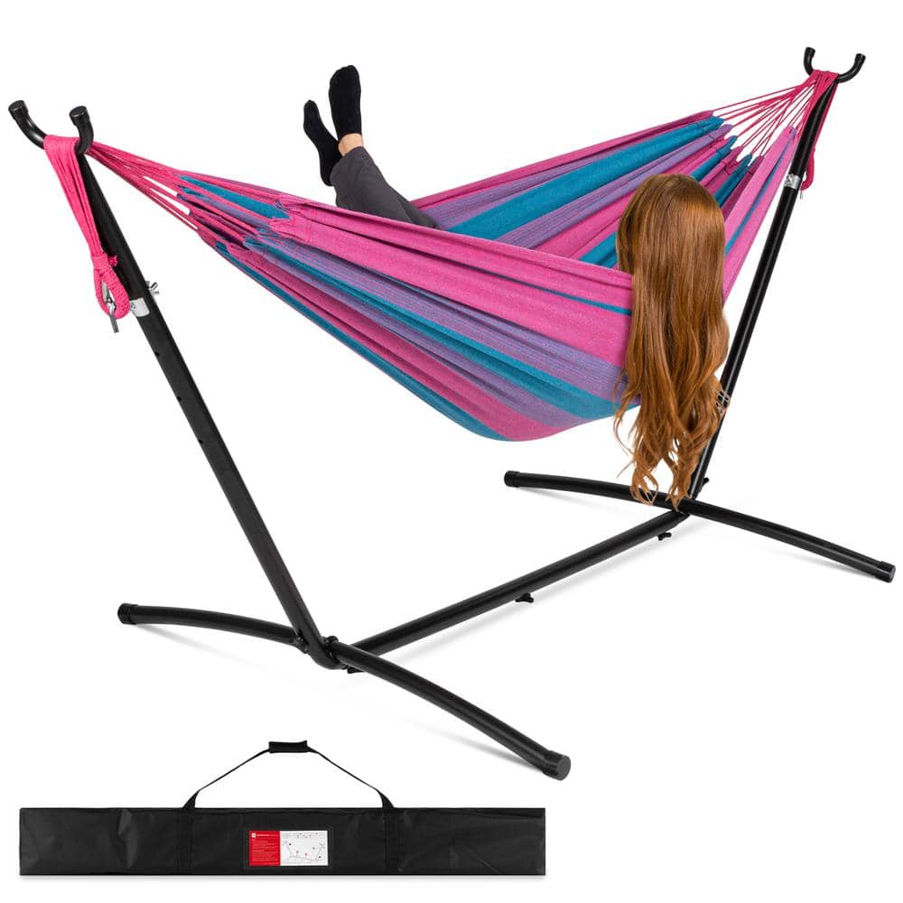 Best Choice Products 9.5 ft. 2-Person Brazilian-Style Cotton Double Hammock Bed with Stand Set with Carrying Bag in Aster