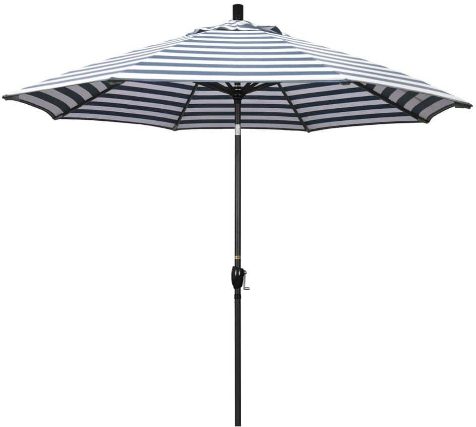 California Umbrella 9 ft. Aluminum Market Push Tilt - Matte Black Patio Umbrella in Navy White Cabana Stripe Olefin