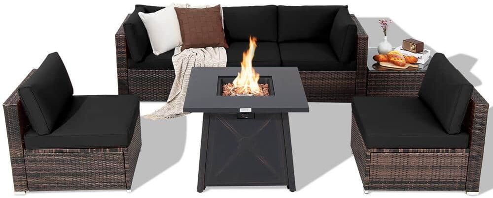 Costway 7-Piece Wicker Patio Conversation Set with Black Cushion Fire Pit Table Cover