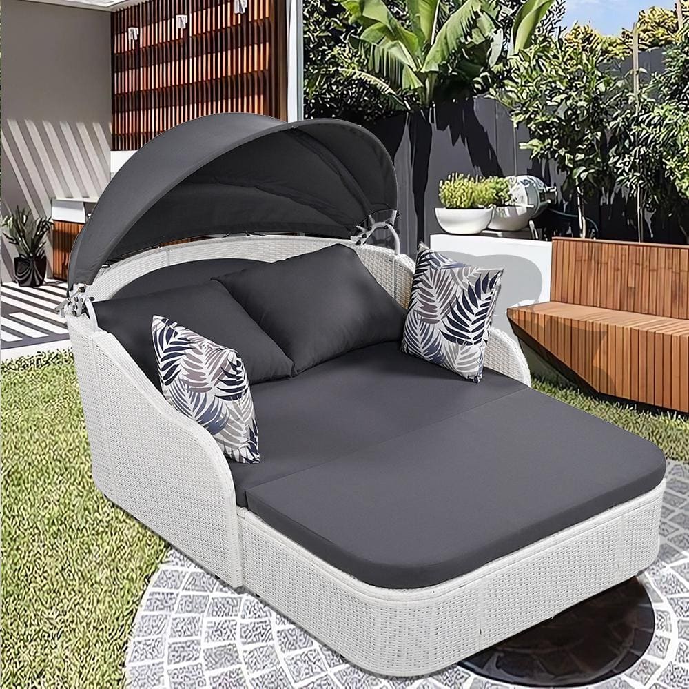 Cesicia 79.9 in. L PE Rattan White Wicker Outdoor Sunbed Day Bed with Adjustable Canopy Double Lounge in Gray Cushion