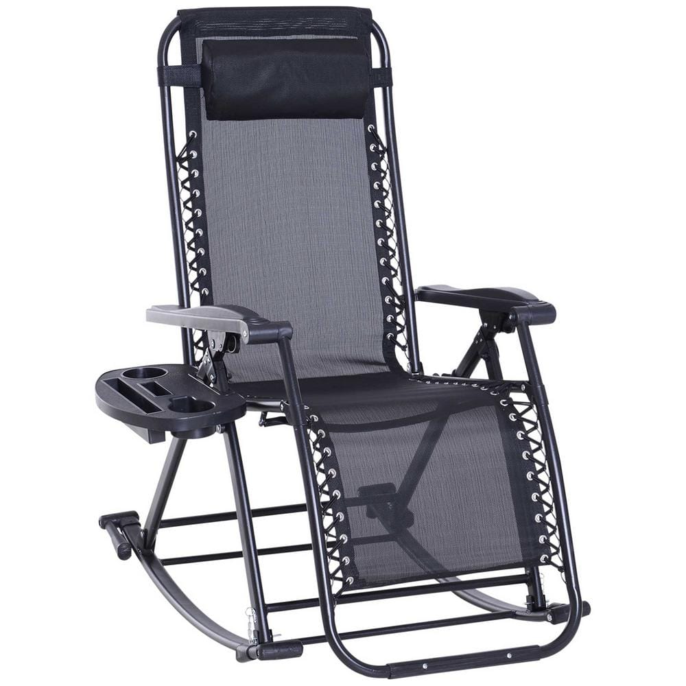 Zeus & Ruta Black Foldable Metal Reclining Anti Gravity Outdoor Rocking Chair with Pillow, Cup and Phone Holder and Folding Leg