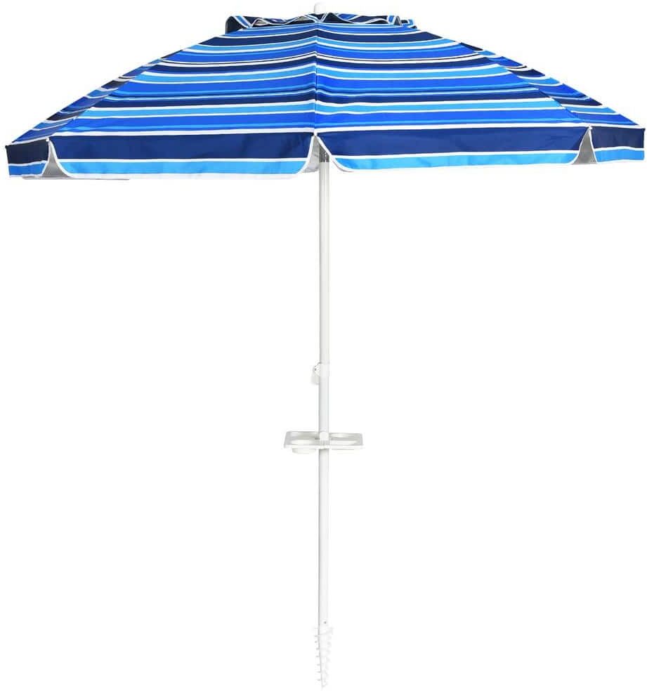 Costway 7.2 ft. Metal Market Tilt Patio Bench Umbrella in Navy with Sand Anchor Cup Holder and Carry Bag