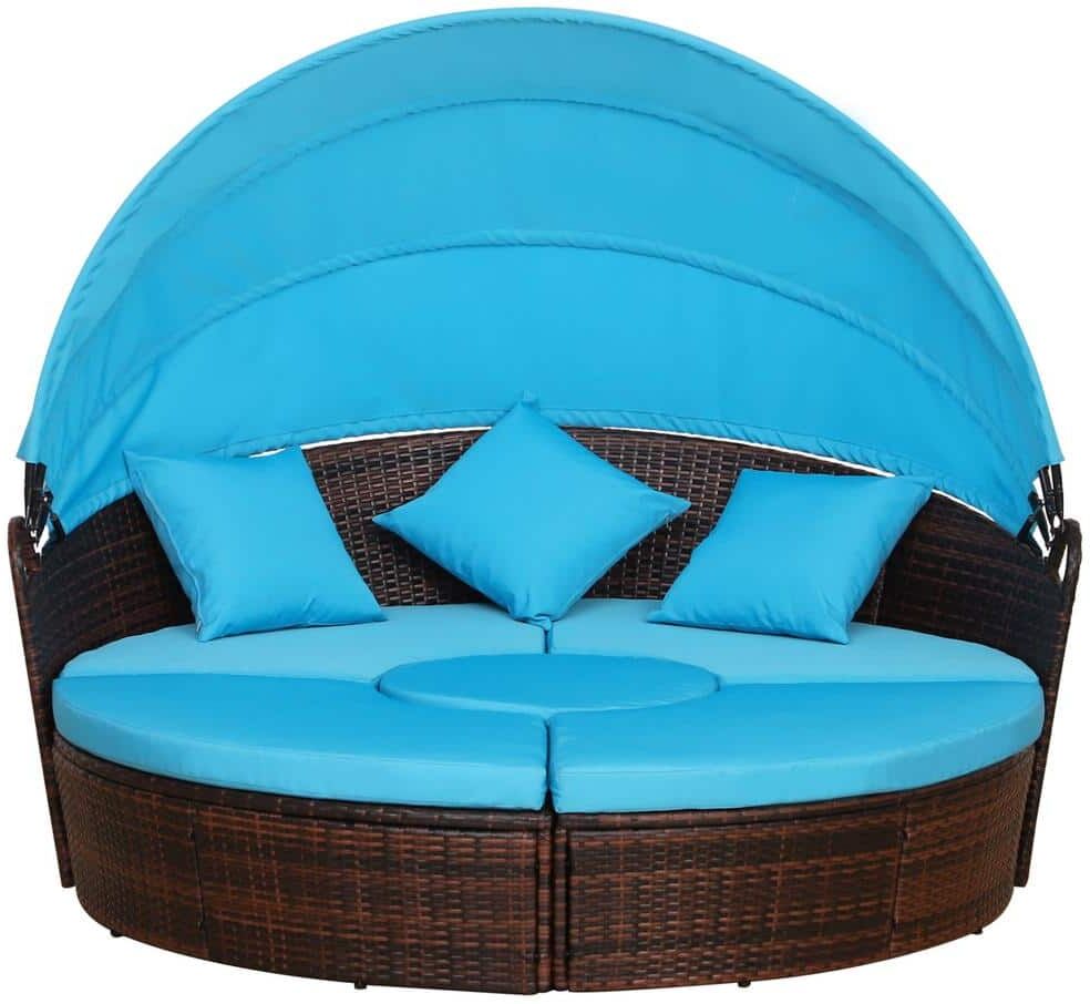 Outsunny Adjustable Blue Rattan Wicker Outdoor Patio Furniture Set Loveseat with Blue Cushions