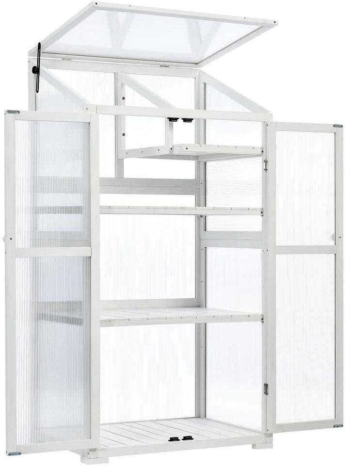 Tenleaf 31.5 in. W x 22.4 in. D x 62 in. H White Fir Wood+Polycarbonate Panels Greenhouse with Wheels and Adjustable Shelves