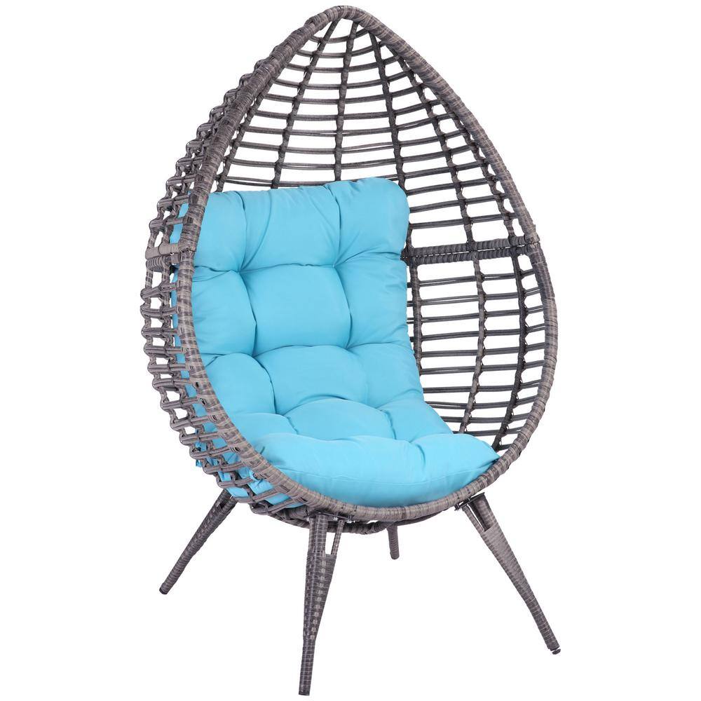 Outsunny Wicker Outdoor Lounge Chair with Sky Blue Cushion Teardrop Chair Poolside Patio Seat