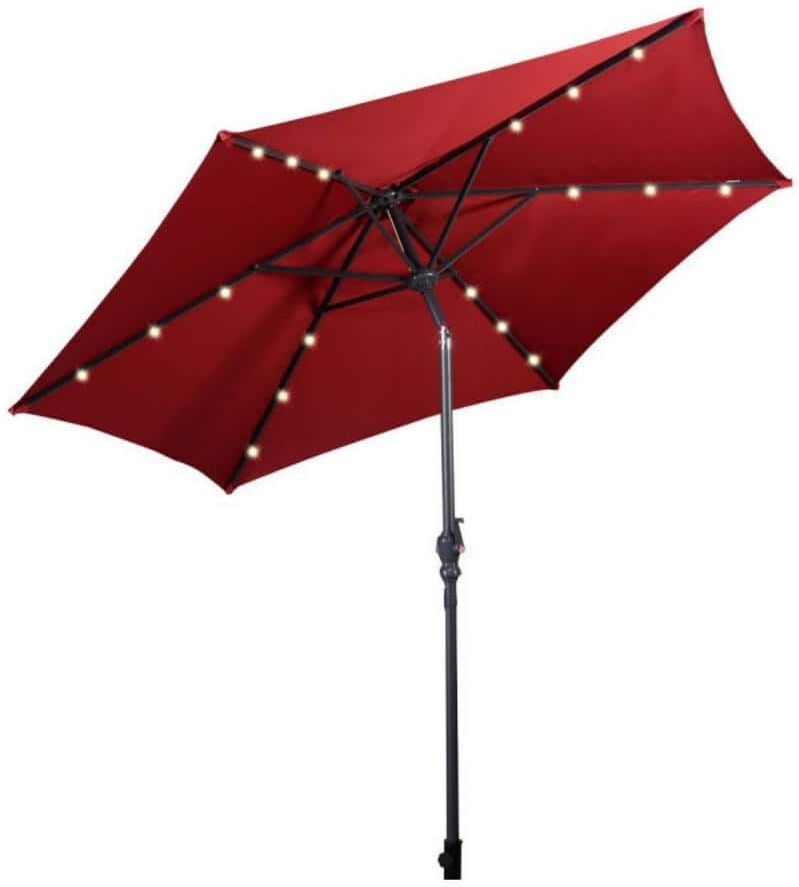 Clihome 9 ft. Steel Market Solar LED Tilt Patio Outdoor Umbrella in Dark Red without Base