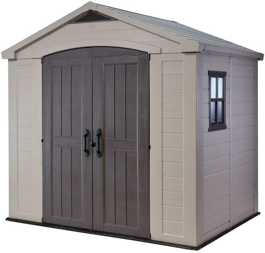 Keter Factor 8 ft. W x 6 ft. D Large Outdoor Durable Resin Plastic Storage Shed with Double Doors, Taupe Brown (47.5 Sq. Ft.)