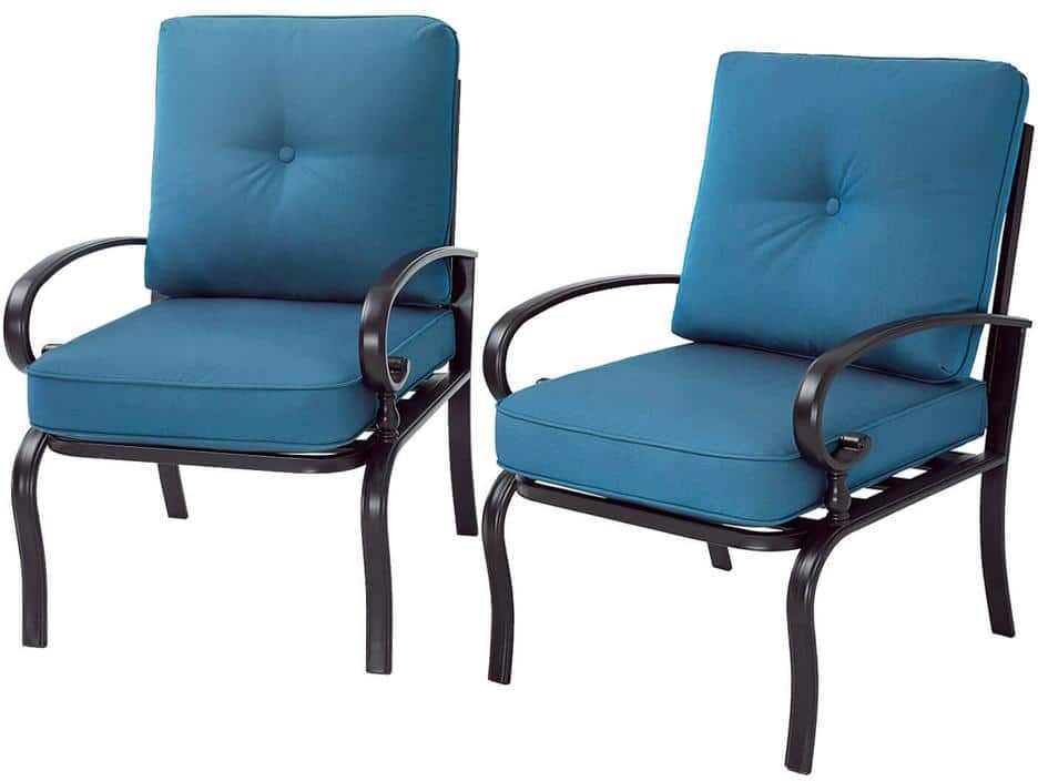 Suncrown Cushioned Black Metal Outdoor Dining Chair with Peacock Blue Cushions (2-Pack)