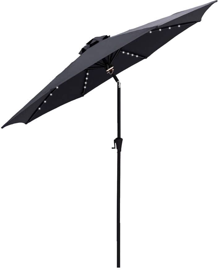 FLAME&SHADE 9 ft. Aluminum Market Solar Lighted Tilt Patio Umbrella with LED in Anthracite Solution Dyed Polyester