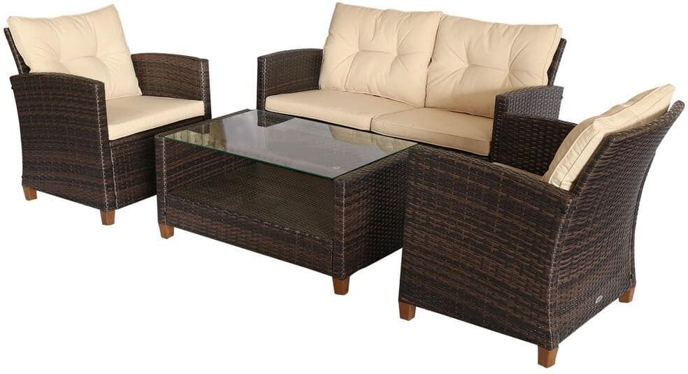 Outsunny Brown 4-Piece Iron Plastic Rattan Patio Furniture Set with Beige Cushions, 2-Single Chairs, Double Sofa and Tea Table