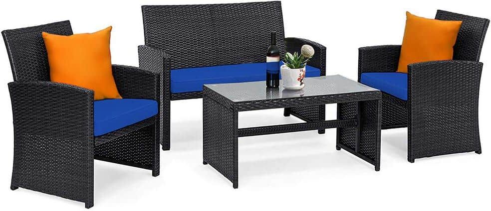 Costway 4-Piece Patio Rattan Furniture Conversation Set Cushion Sofa Table Garden Navy