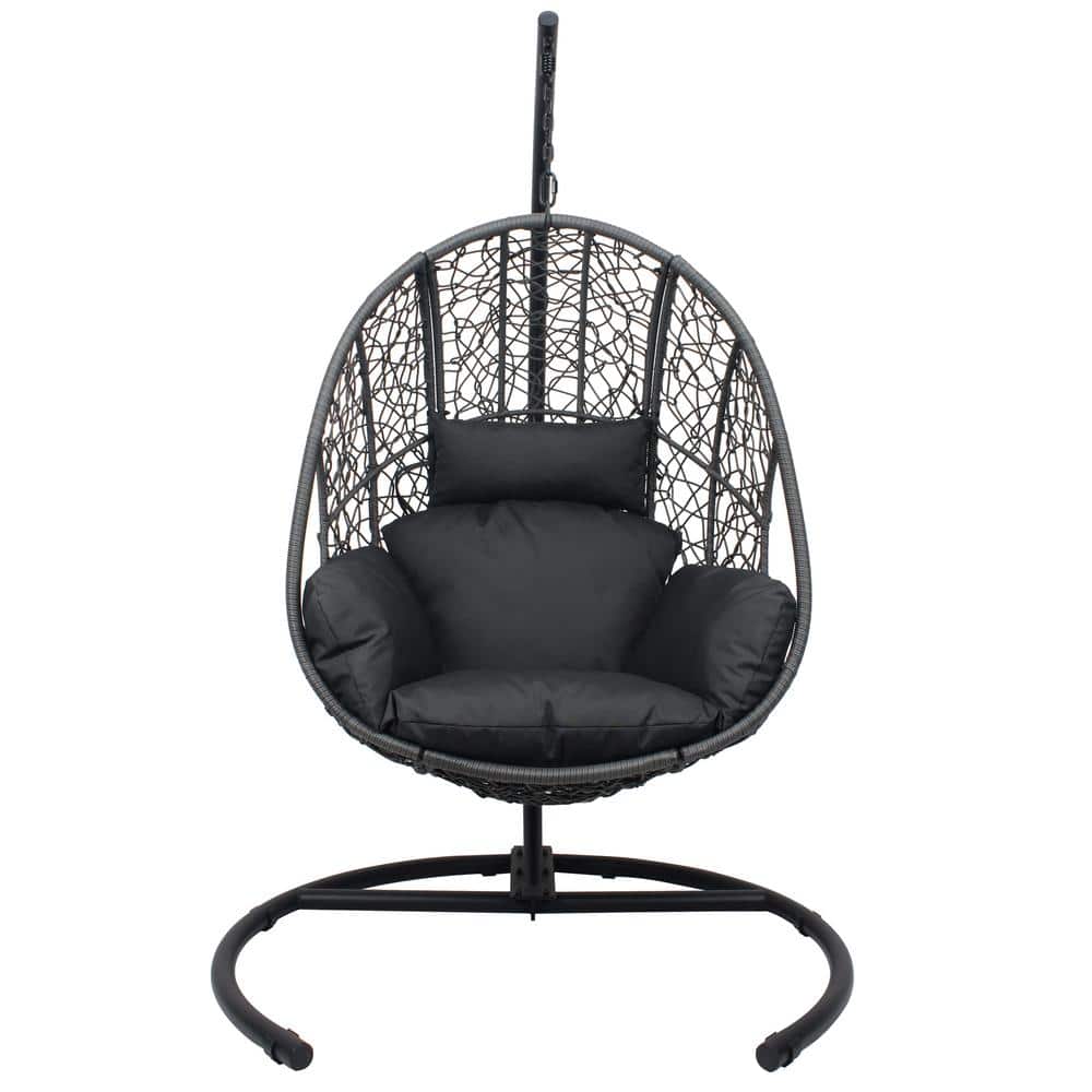 72.83 in. H PE Wicker Outdoor Patio Swing Egg Chair with Puffy Cushion, Big Size Seat, Black