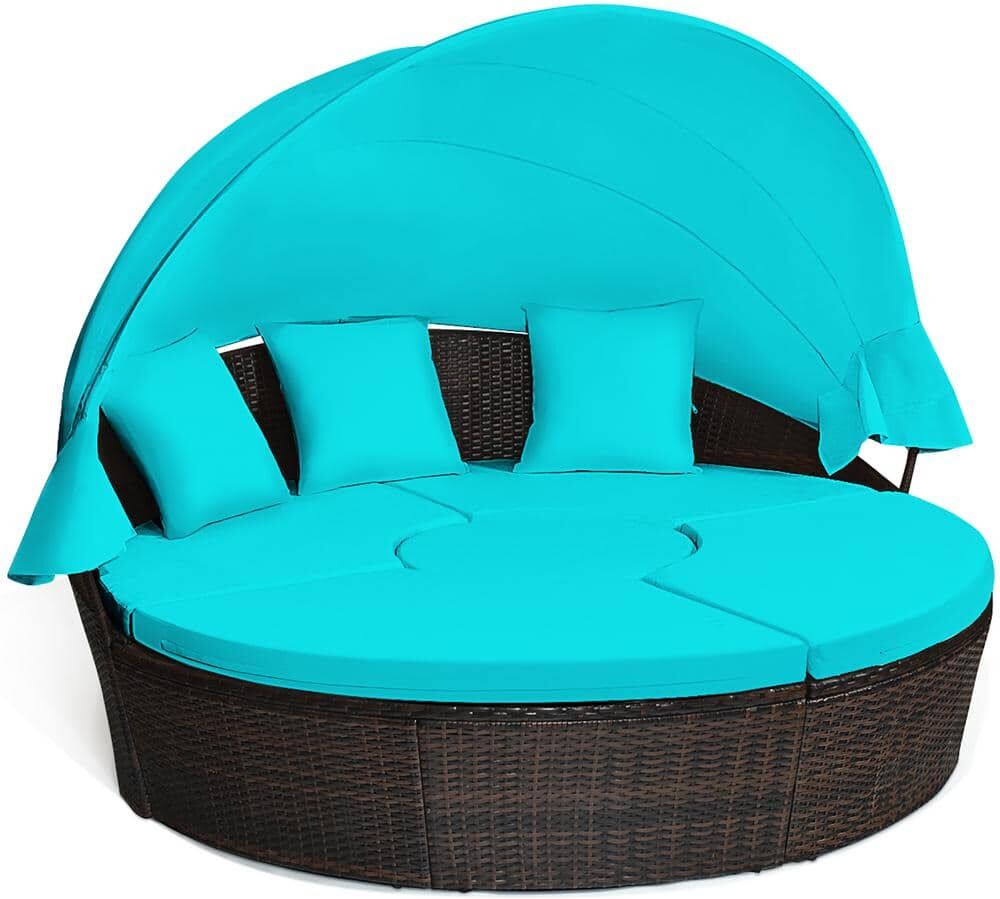 Costway Patio Wicker Outdoor Day Bed with Turquoise Cushions Adjustable Table Top Canopy