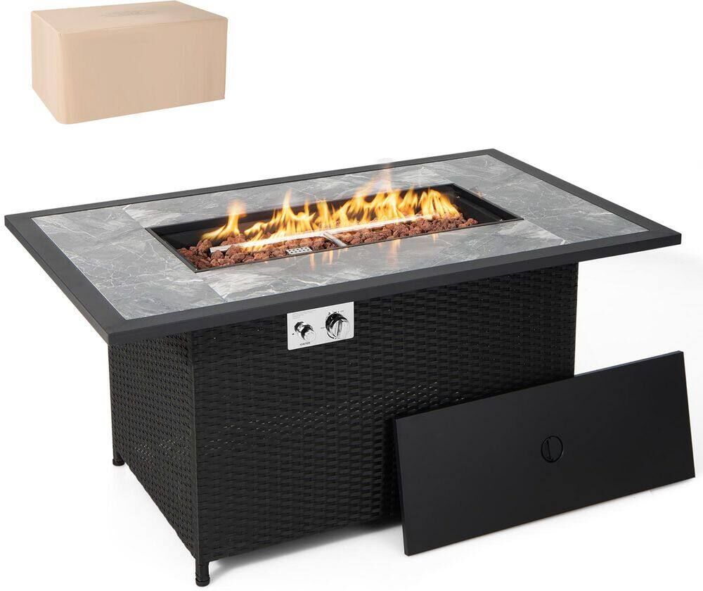 Costway 52 in. Propane Fire Pit Table Marble Tabletop Rattan Wicker w/Rain Cover Lava Rock