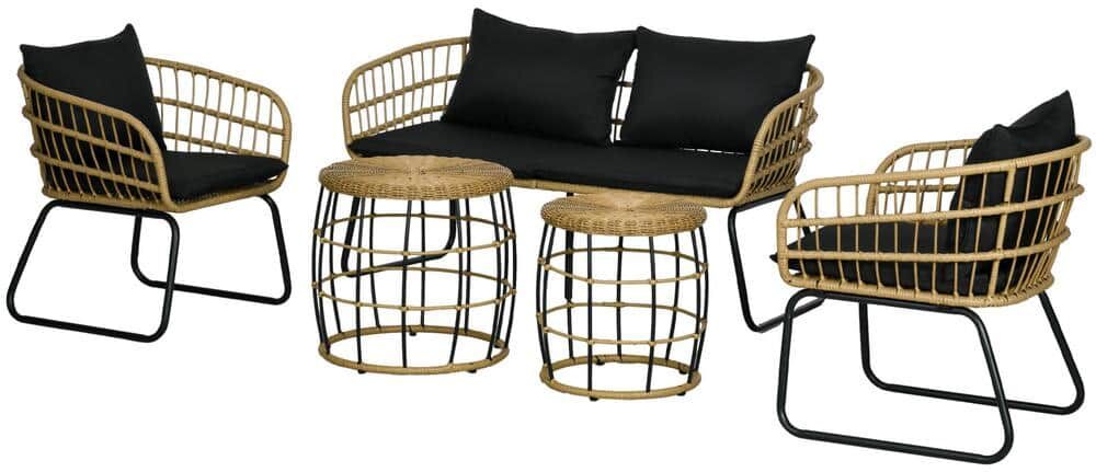 Outsunny PE Rattan Outdoor Furniture Set 5-Piece Steel Patio Conversation Set with CushionGuard Cushions