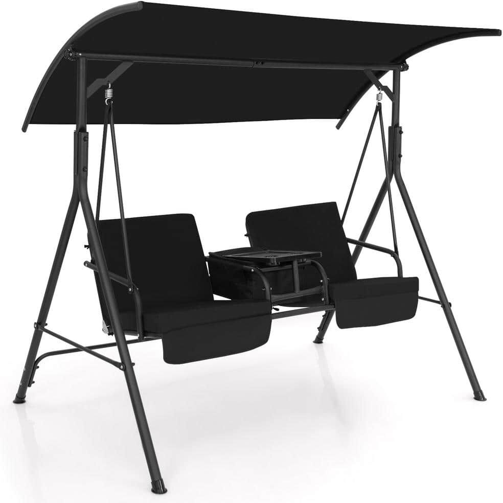 Gymax 2-Person Metal Canopy Porch Swing Padded Chair Cooler Bag Rotatable Tray Black