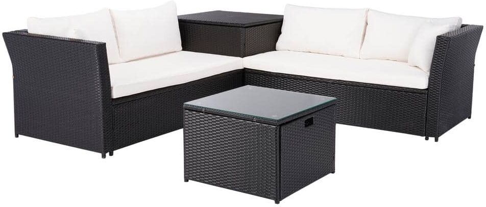 SAFAVIEH Helga Black Wicker Outdoor Patio Sectional with Beige Cushions