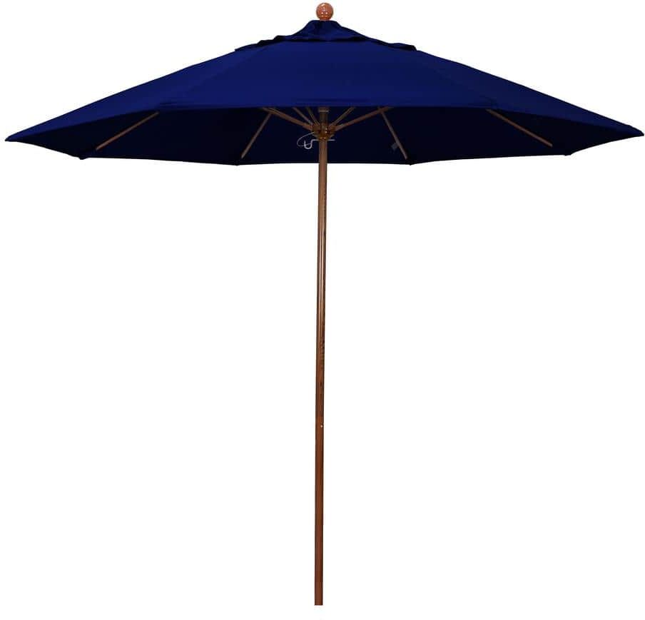 California Umbrella 9 ft. Woodgrain Aluminum Commercial Market Patio Umbrella Fiberglass Ribs and Push Lift in True Blue Sunbrella