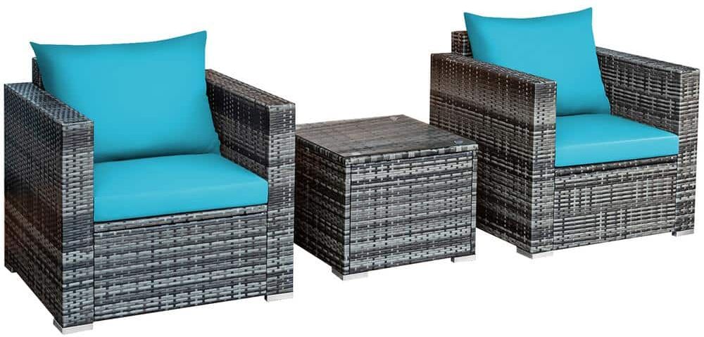 Costway Gray 3-Piece Wicker Square 16 in. Outdoor Bistro Set with Turquoise Cushions