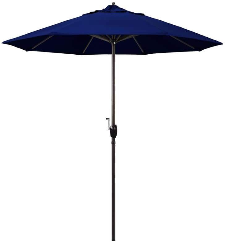 California Umbrella 7.5 ft. Bronze Aluminum Market Auto-Tilt Crank Lift Patio Umbrella in True Blue Sunbrella